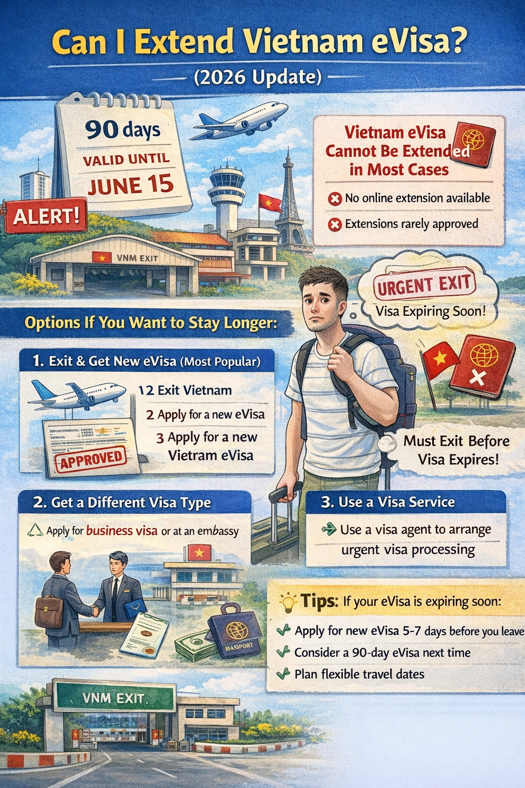 Vietnam eVisa extension guide infographic showing visa validity, exit requirements and options to stay longer in Vietnam