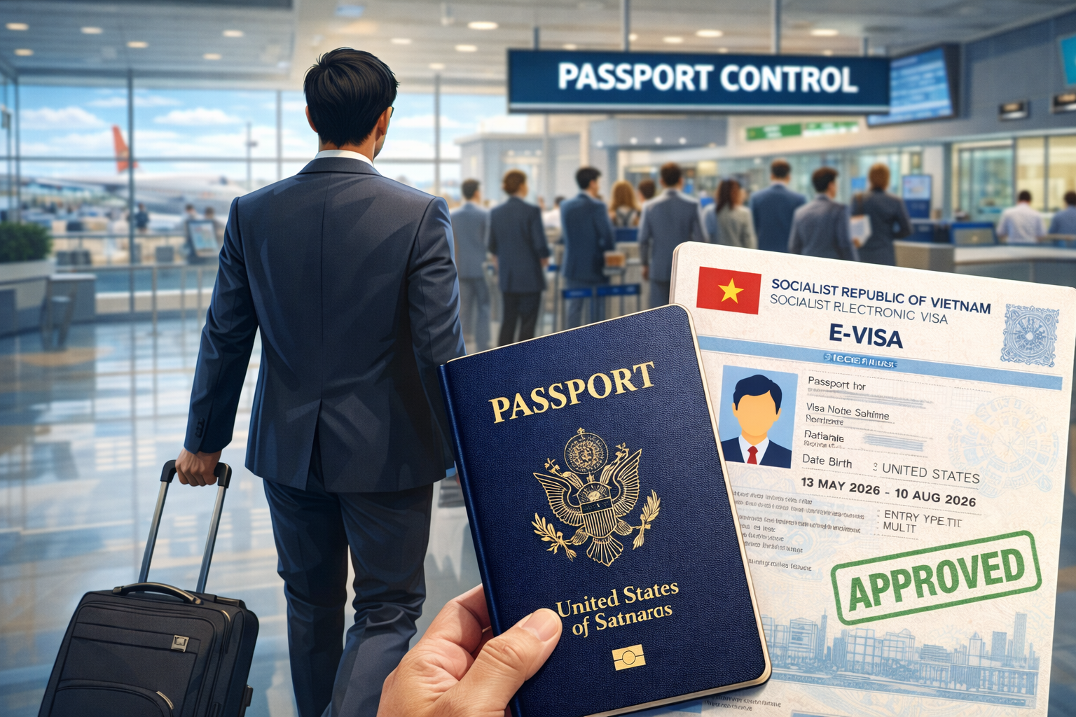 Business traveler holding US passport and Vietnam eVisa at airport immigration checkpoint