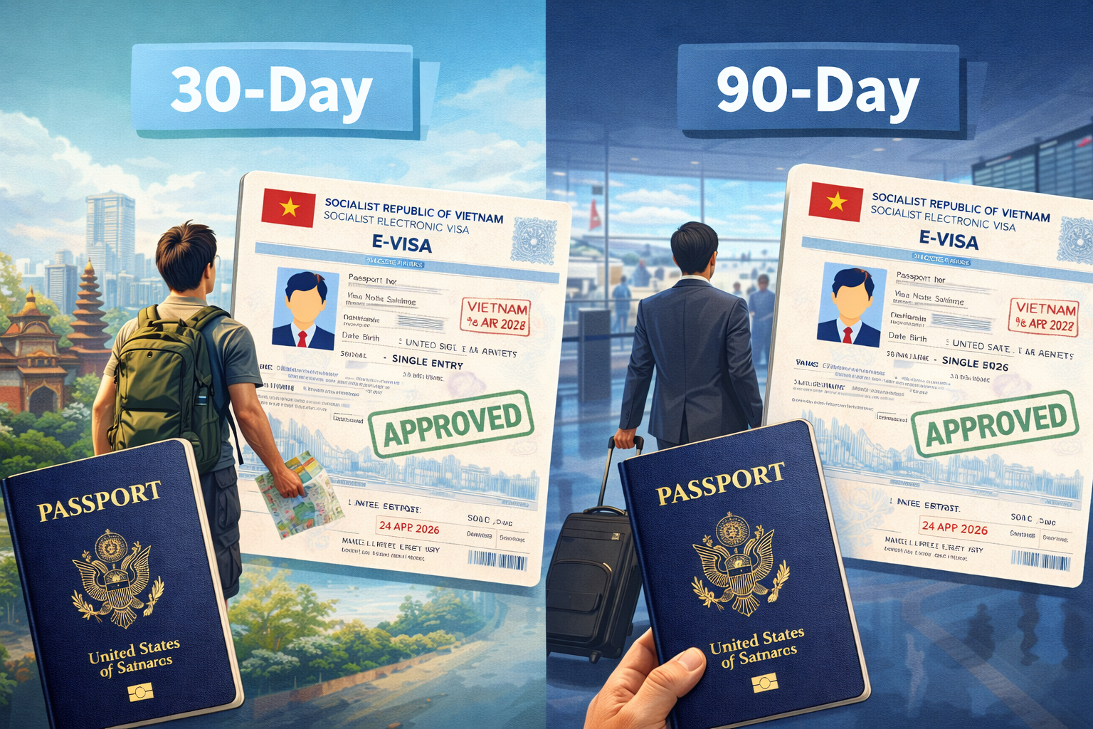 Comparison between 30-day and 90-day Vietnam eVisa options for international travelers holding a passport