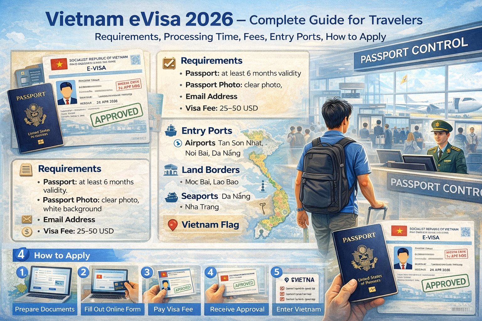Vietnam eVisa application guide showing passport, approved eVisa document, entry ports and airport immigration process in Vietnam