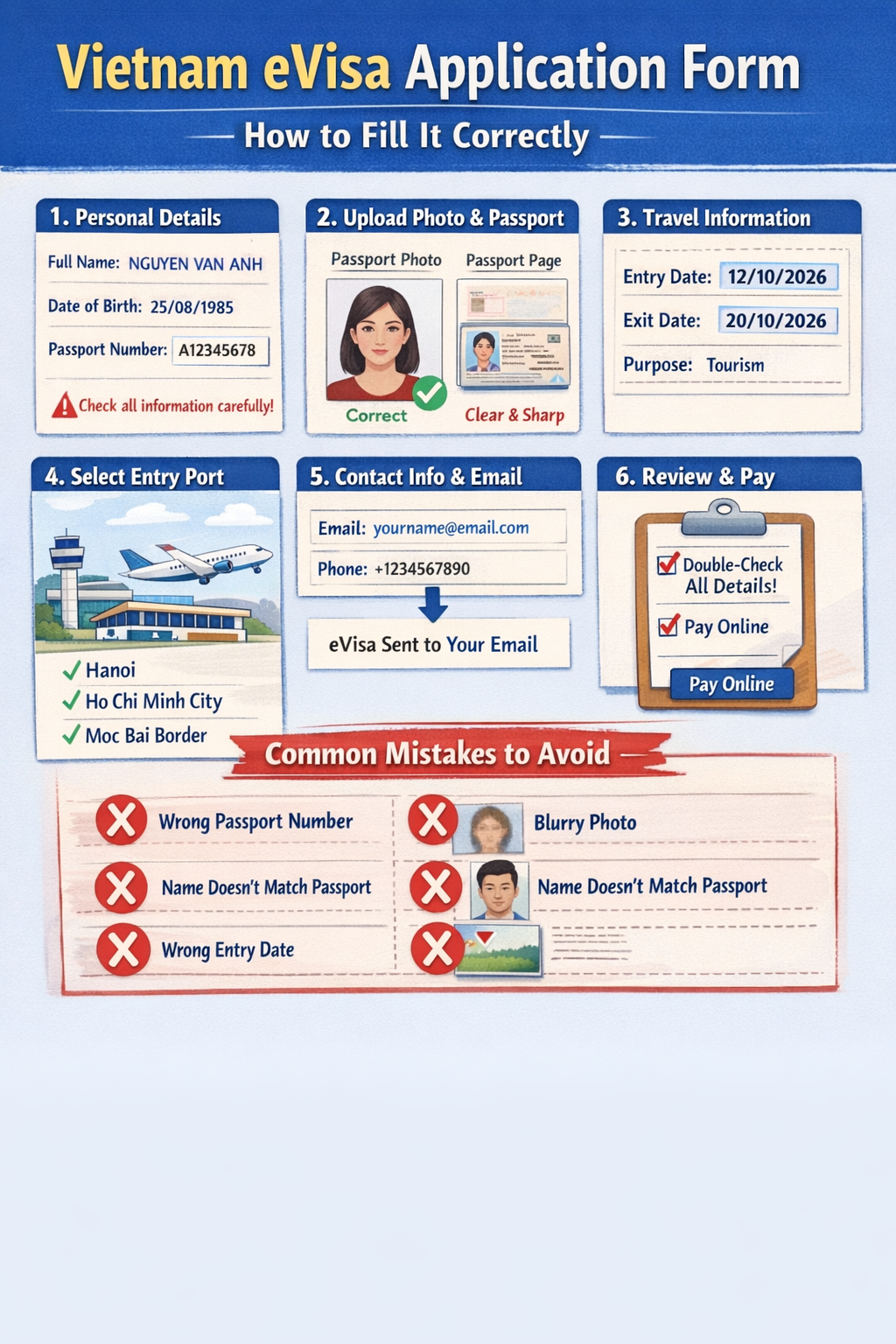 Vietnam eVisa application form step-by-step guide showing personal details, passport upload, entry port selection and common mistakes to avoid