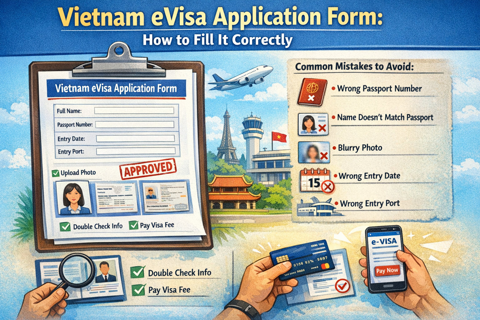 Vietnam eVisa application form guide showing how to fill passport details, upload photo, select entry port and avoid common mistakes