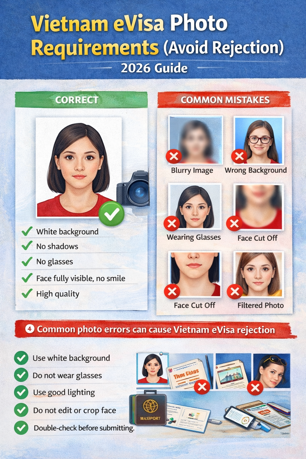 Vietnam eVisa photo requirements guide showing correct passport photo, white background, face position and common mistakes to avoid rejection
