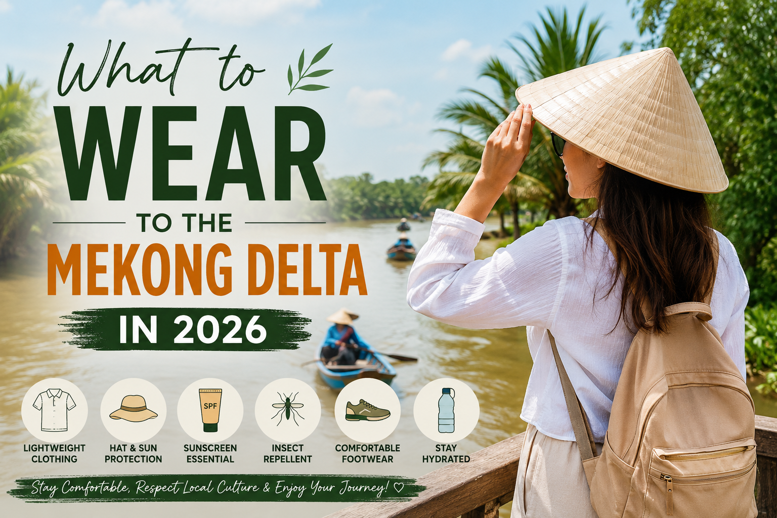 Traveler wearing a conical hat by the Mekong Delta river with clothing tips for visiting Vietnam in 2026