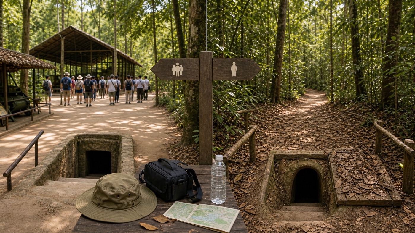 Comparison of busier Ben Dinh and quieter Ben Duoc style Cu Chi Tunnels paths in a forest setting