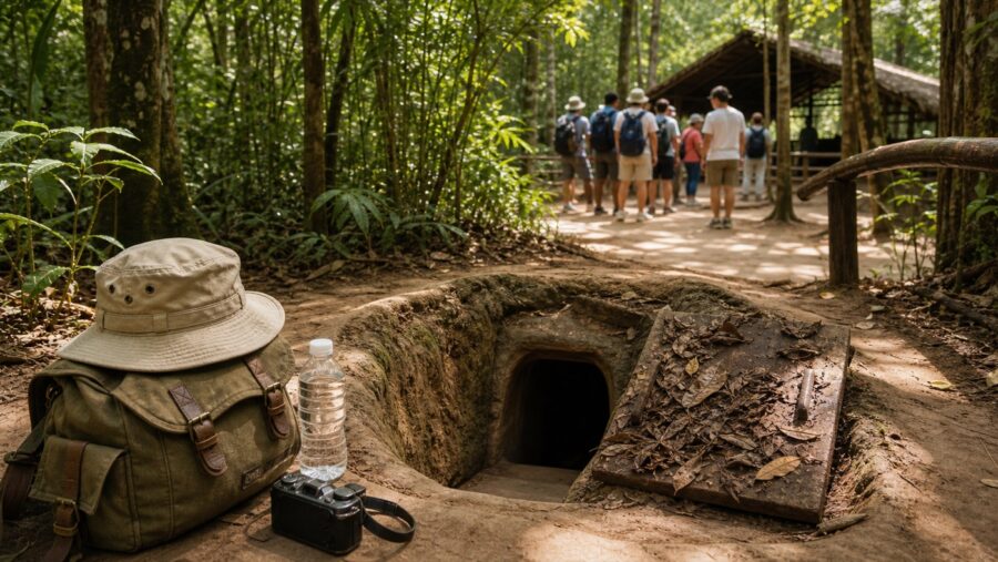 Cu Chi Tunnels entrance in a forest with tour group and day trip items near Ho Chi Minh City