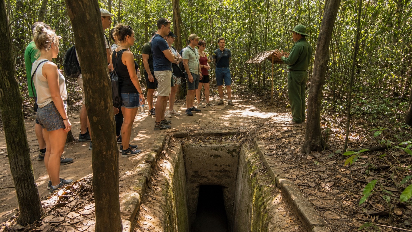 Guided visitor group near a Cu Chi Tunnels entrance in a tropical forest
