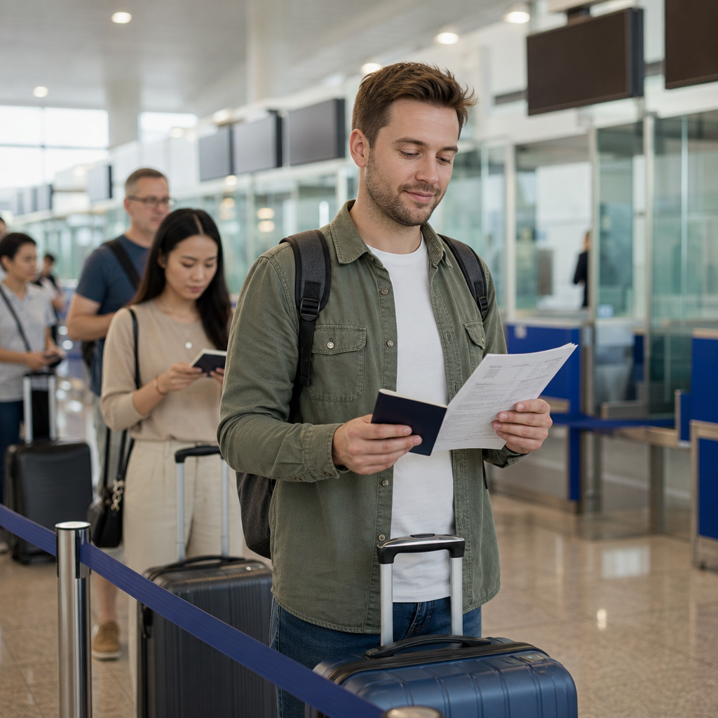 Travelers preparing passports and Vietnam eVisa documents at airport immigration in Vietnam