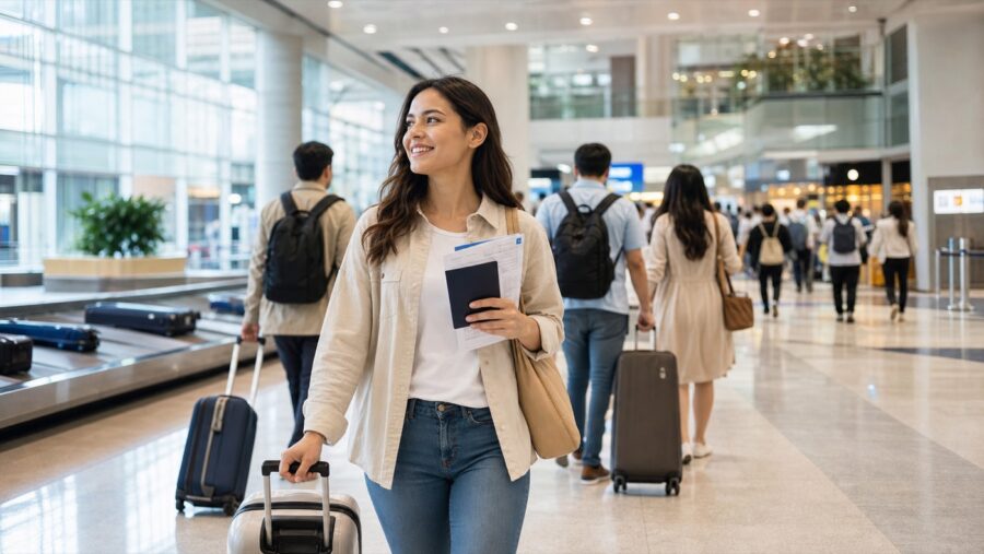 Traveler preparing passport and Vietnam eVisa documents during airport arrival procedures