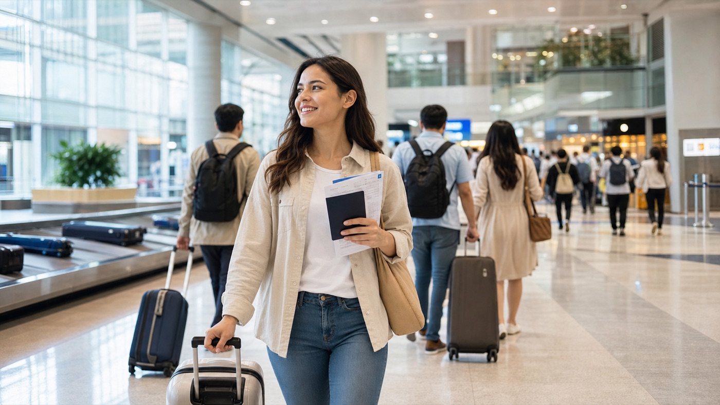 Traveler preparing passport and Vietnam eVisa documents during airport arrival procedures