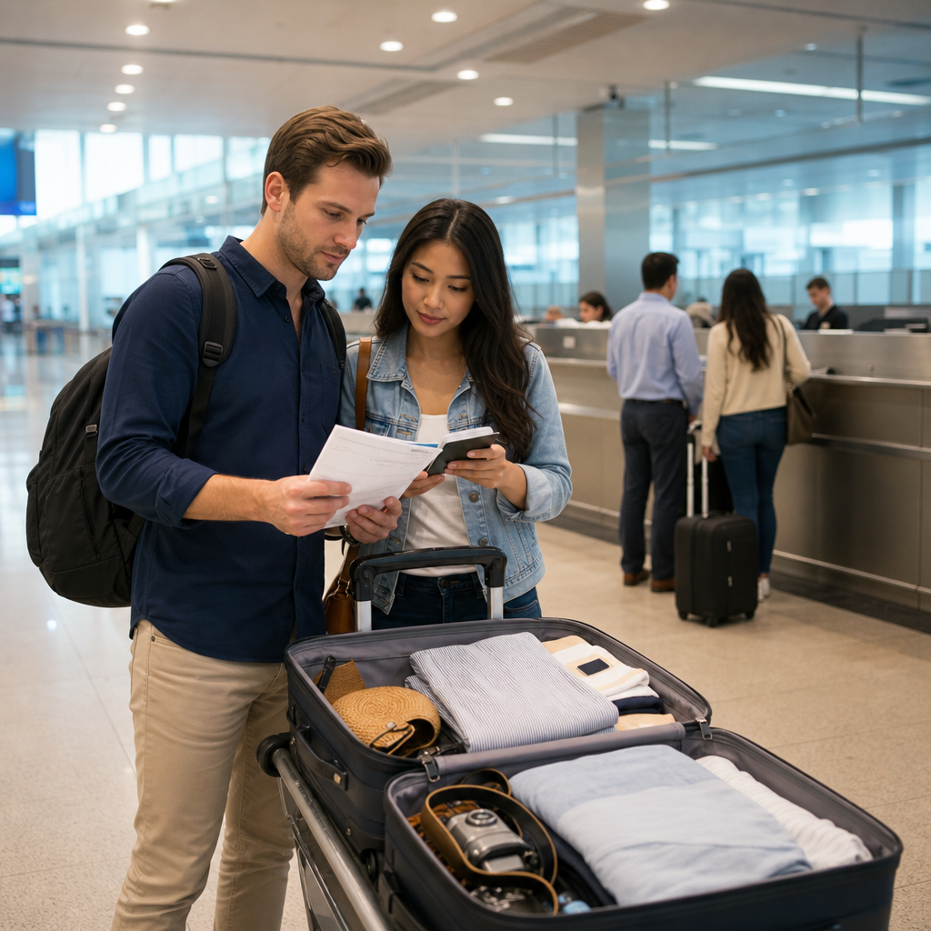 Travelers preparing documents and luggage for Vietnam customs declaration at the airport
