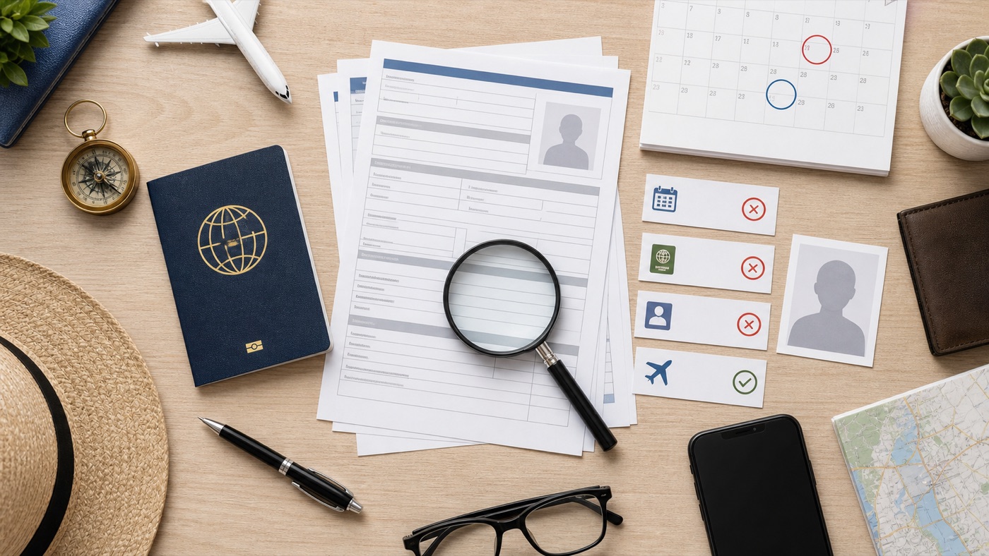 Flat lay of Vietnam eVisa application documents with passport, calendar, photo, and checklist symbols