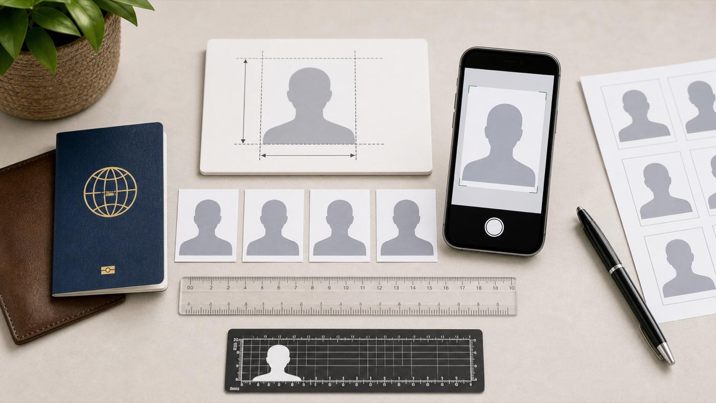 Passport photo size setup for Vietnam eVisa requirements with phone, ruler, and photo samples