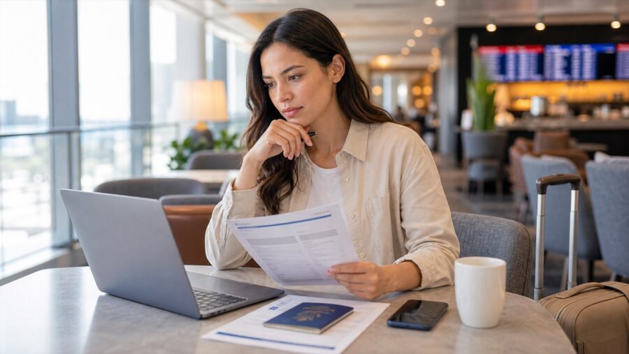 Traveler reviewing Vietnam eVisa rejection documents with passport and laptop