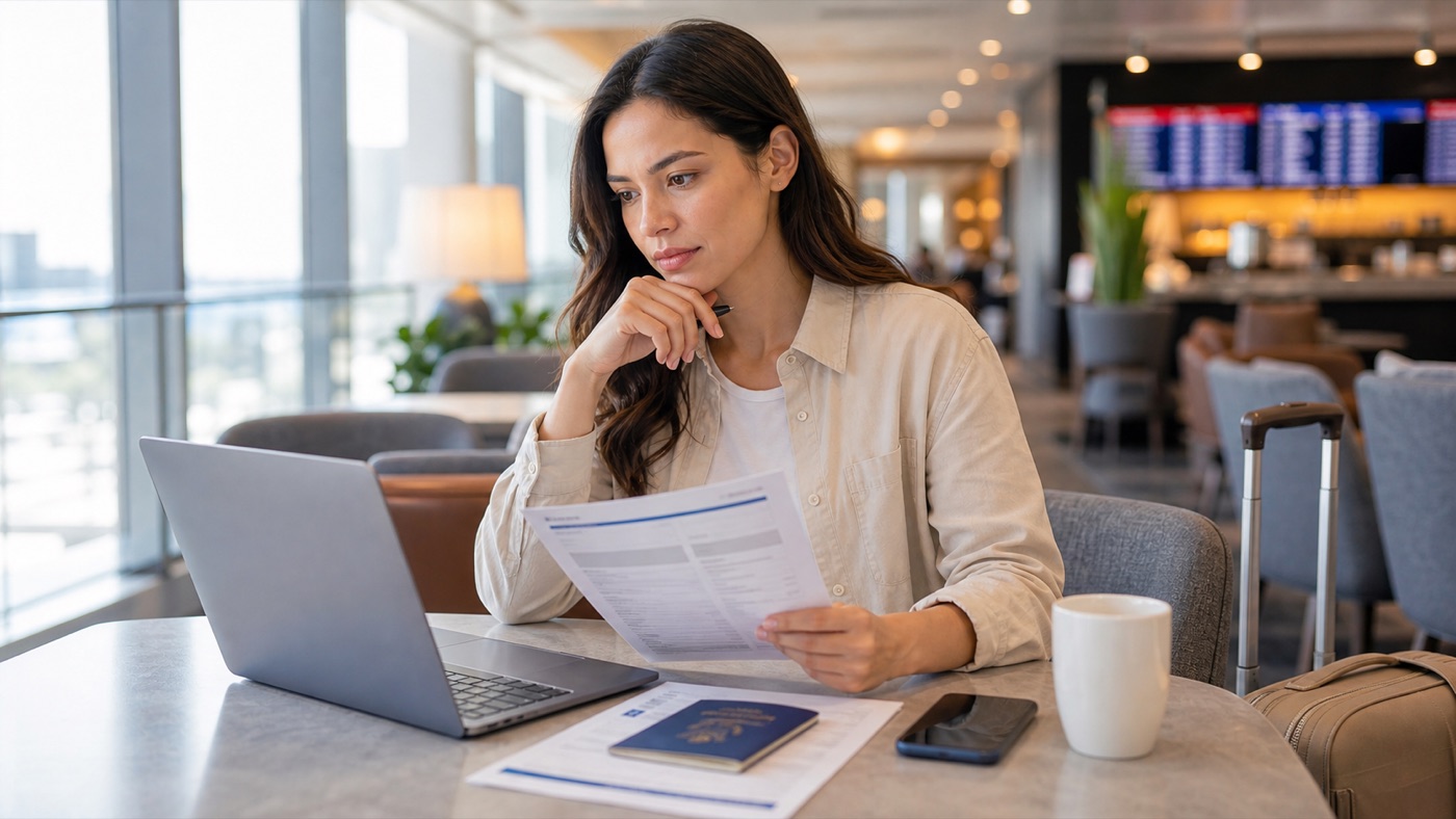 Traveler reviewing Vietnam eVisa rejection documents with passport and laptop