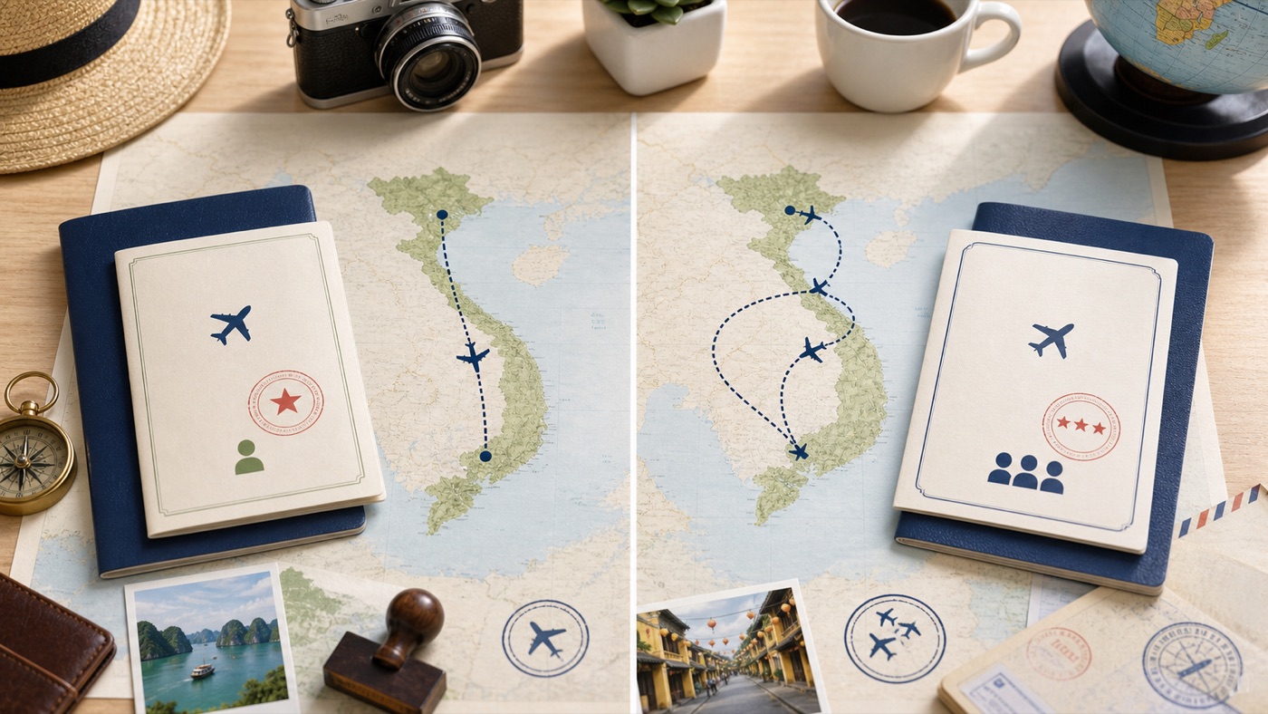Side-by-side travel route comparison for Vietnam single-entry and multiple-entry eVisa options