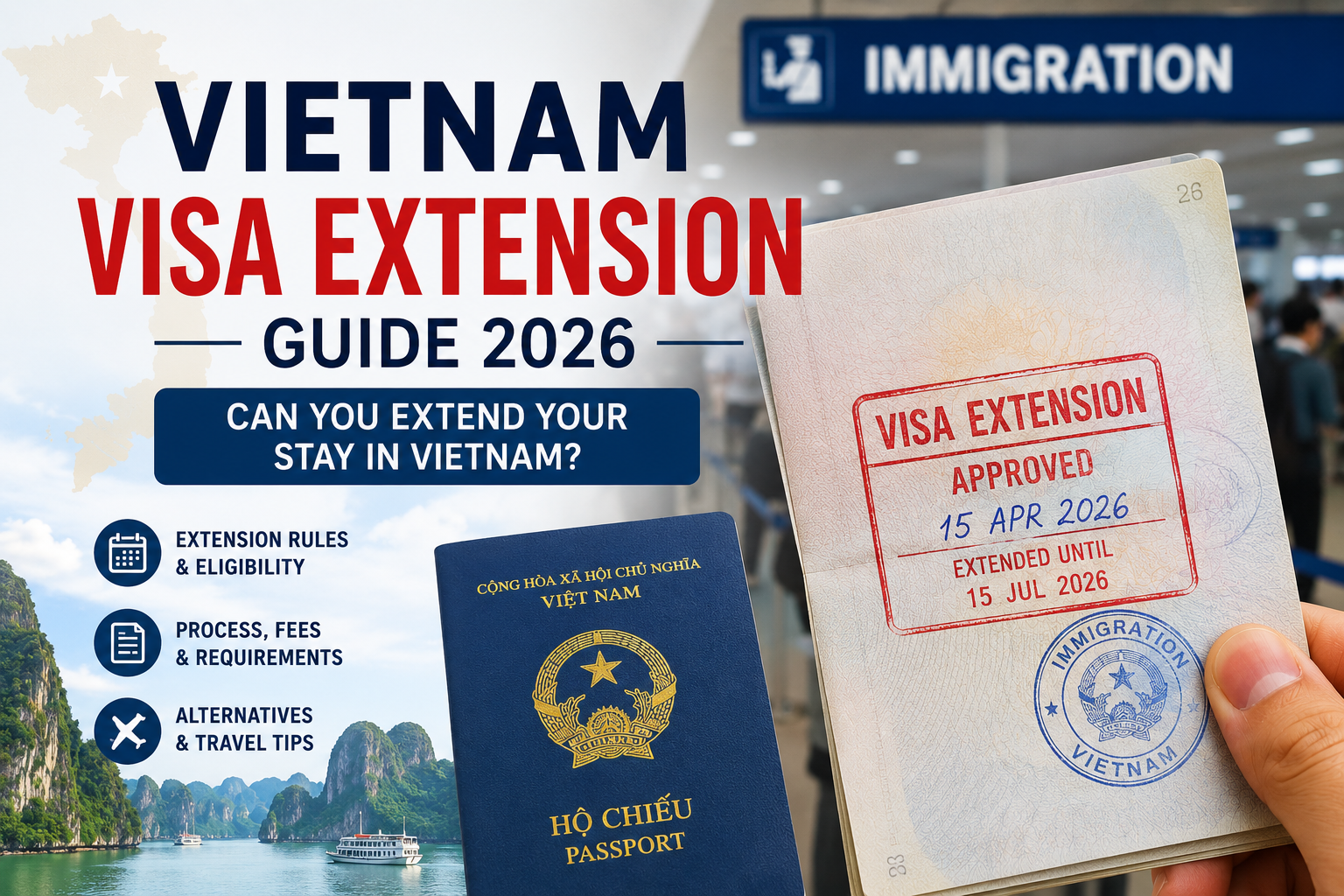 Vietnam visa extension guide 2026 showing passport, immigration stamp, and visa extension approval for foreign travelers