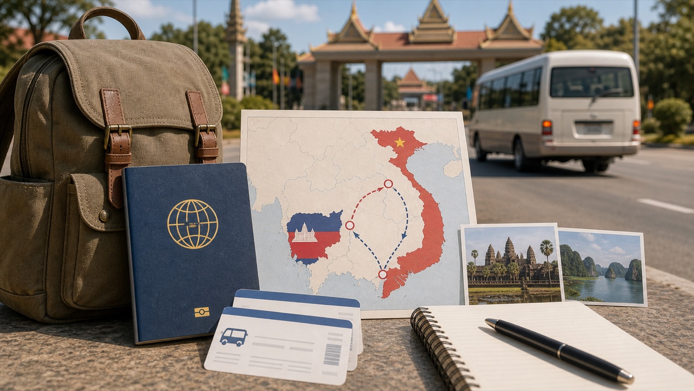 Vietnam to Cambodia visa run route with passport, backpack, bus ticket, and border travel map