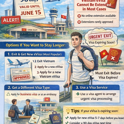 Vietnam eVisa extension guide infographic showing visa validity, exit requirements and options to stay longer in Vietnam