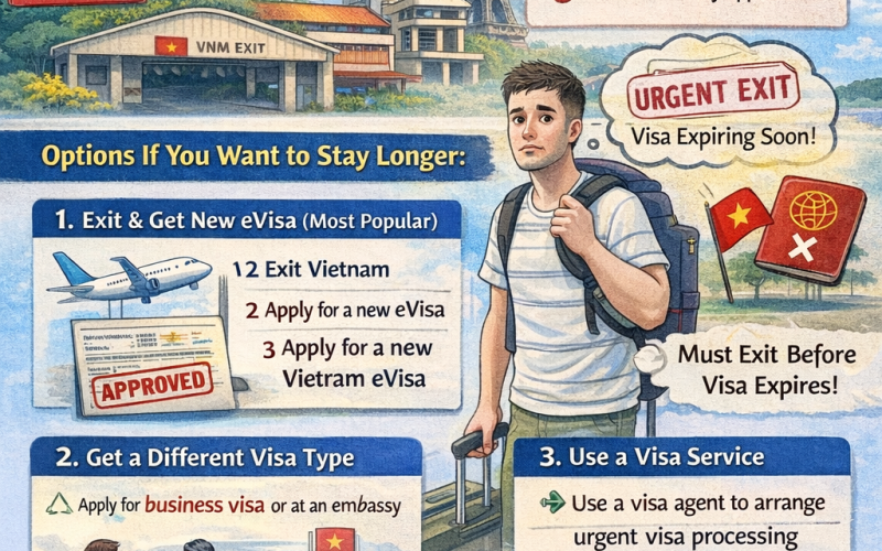 Vietnam eVisa extension guide infographic showing visa validity, exit requirements and options to stay longer in Vietnam