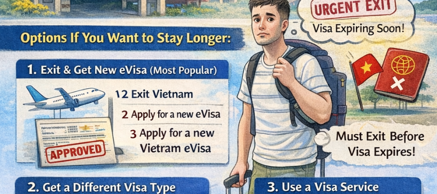 Vietnam eVisa extension guide infographic showing visa validity, exit requirements and options to stay longer in Vietnam