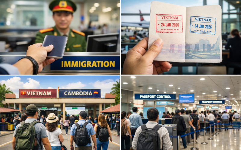 Traveler at Vietnam immigration passport control