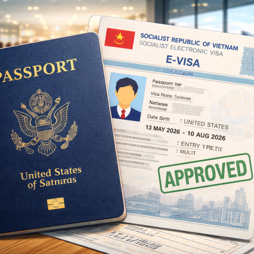 International travelers arriving at Vietnam airport immigration control