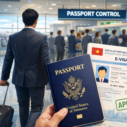 Business traveler holding US passport and Vietnam eVisa at airport immigration checkpoint