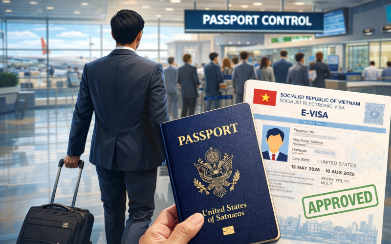 Business traveler holding US passport and Vietnam eVisa at airport immigration checkpoint
