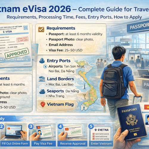 Vietnam eVisa application guide showing passport, approved eVisa document, entry ports and airport immigration process in Vietnam