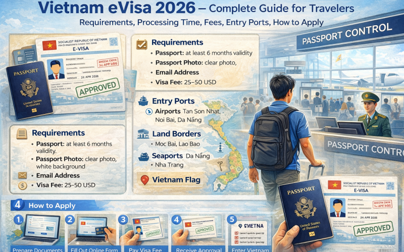 Vietnam eVisa application guide showing passport, approved eVisa document, entry ports and airport immigration process in Vietnam