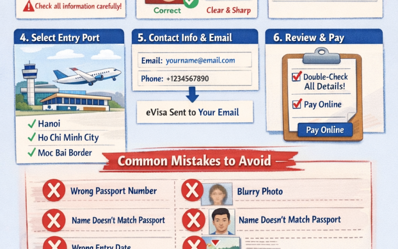 Vietnam eVisa application form step-by-step guide showing personal details, passport upload, entry port selection and common mistakes to avoid