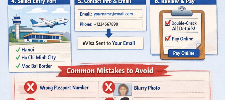 Vietnam eVisa application form step-by-step guide showing personal details, passport upload, entry port selection and common mistakes to avoid