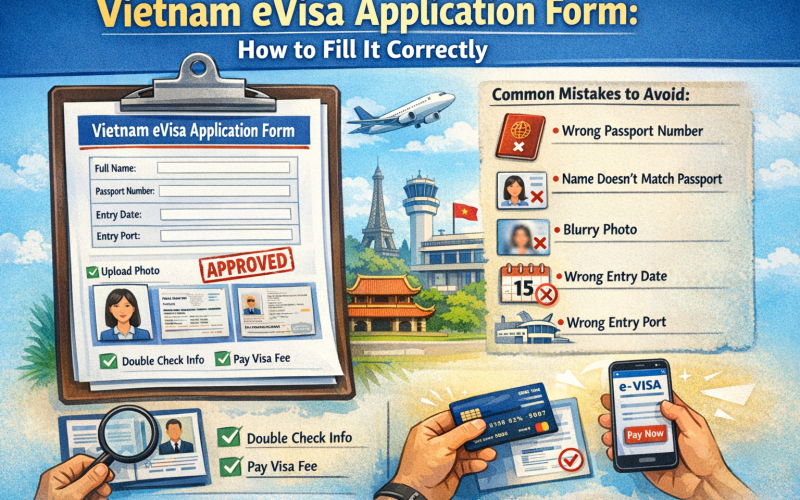 Vietnam eVisa application form guide showing how to fill passport details, upload photo, select entry port and avoid common mistakes