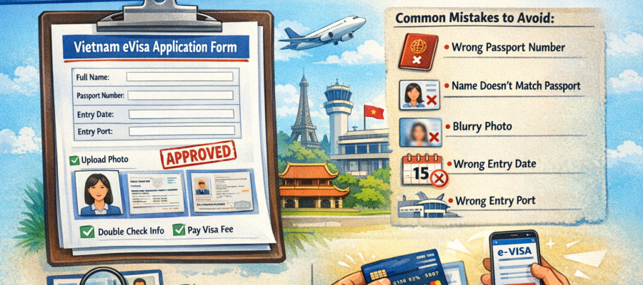 Vietnam eVisa application form guide showing how to fill passport details, upload photo, select entry port and avoid common mistakes