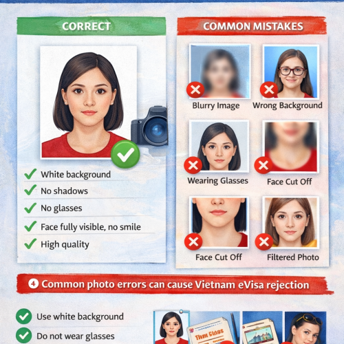 Vietnam eVisa photo requirements guide showing correct passport photo, white background, face position and common mistakes to avoid rejection