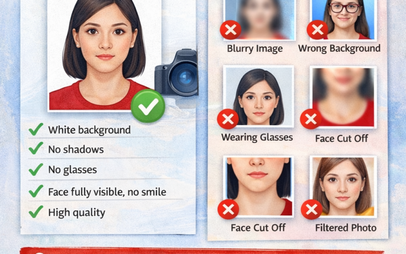 Vietnam eVisa photo requirements guide showing correct passport photo, white background, face position and common mistakes to avoid rejection