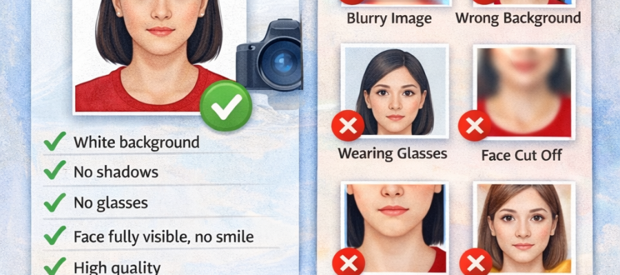 Vietnam eVisa photo requirements guide showing correct passport photo, white background, face position and common mistakes to avoid rejection
