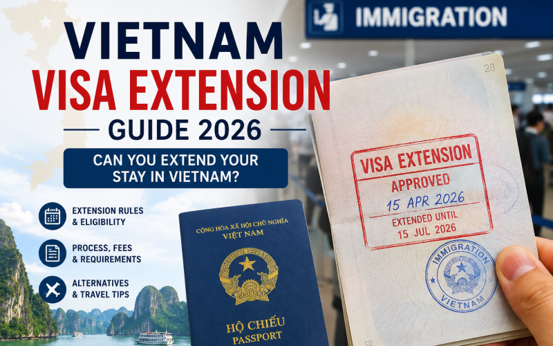 Vietnam visa extension guide 2026 showing passport, immigration stamp, and visa extension approval for foreign travelers