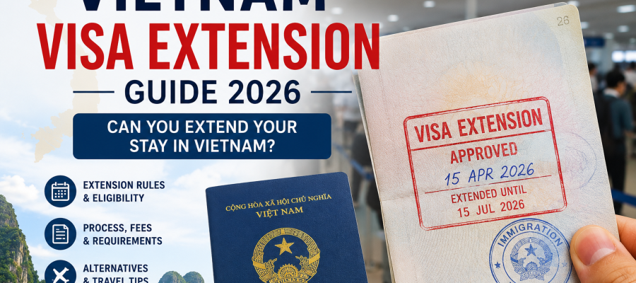 Vietnam visa extension guide 2026 showing passport, immigration stamp, and visa extension approval for foreign travelers